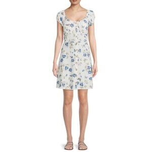 No Boundaries White Mini Corset Peasant Blue Floral Butterfly Mini Dress M
